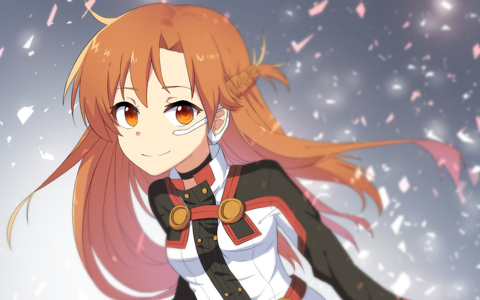 HD PC desktop wallpaper from Sword Art Online Movie: Ordinal Scale showing a smiling female character in a white-black-red outfit, orange hair flowing amid falling cherry petals.