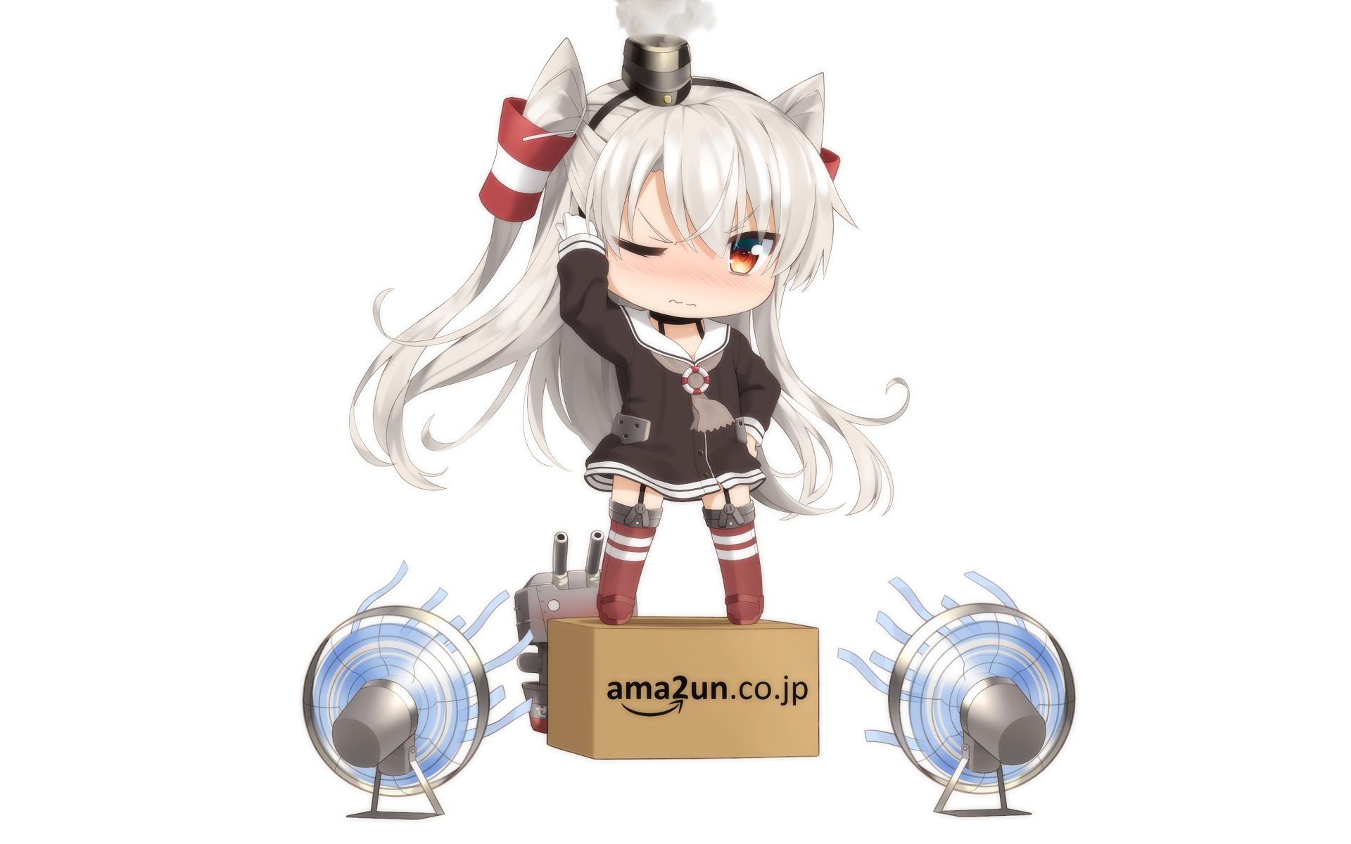 Chibi Amatsukaze (Kancolle) from Kantai Collection — anime HD PC desktop wallpaper: white‑haired girl winking, standing on a cardboard box marked ama2un.co.jp between two fans.