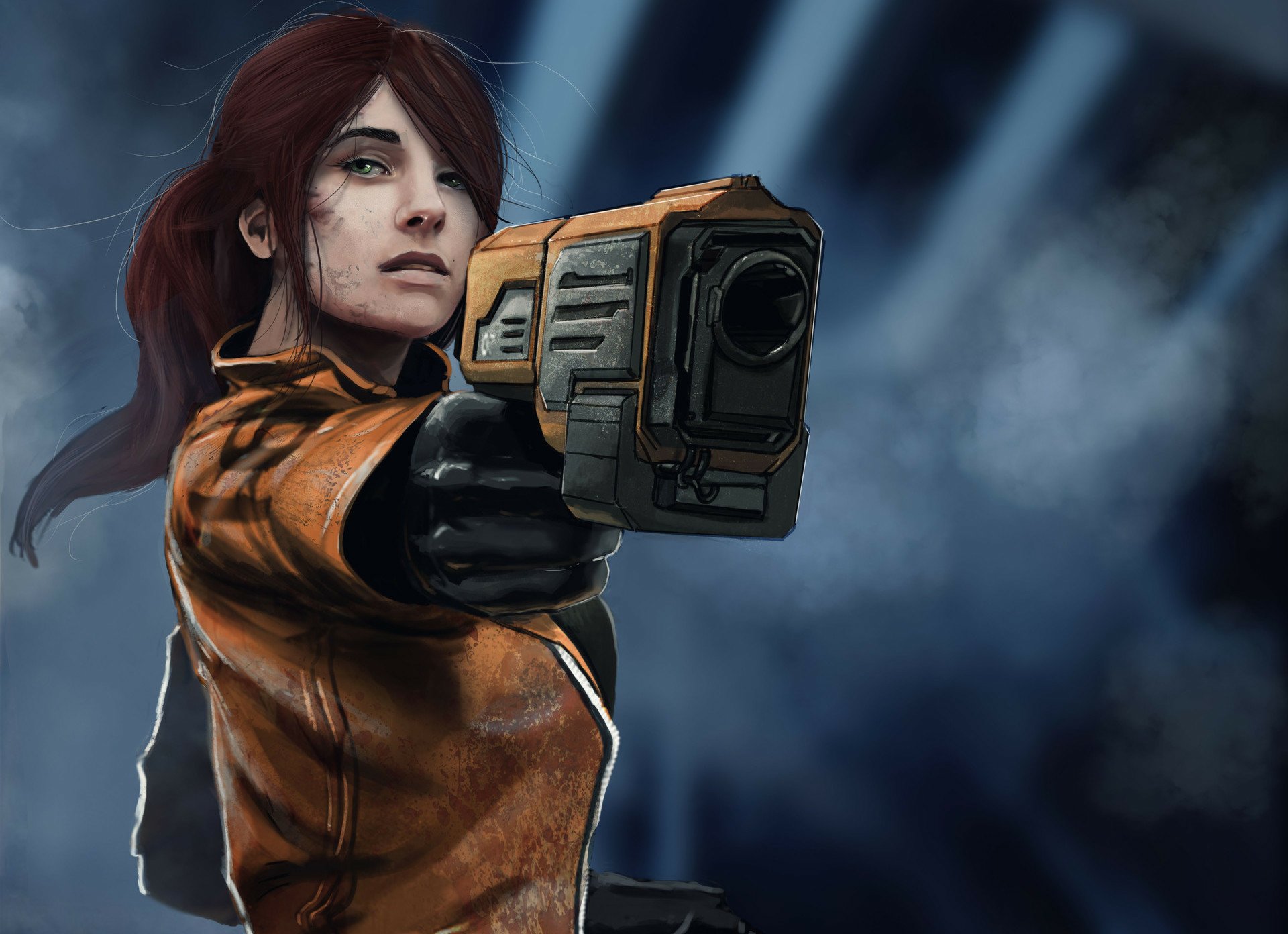 Sci-fi HD wallpaper of a brown-haired woman warrior with a ponytail and green eyes aiming a futuristic gun.