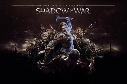 HD desktop wallpaper featuring Talion from the video game Middle-earth: Shadow of War, showcasing him in battle with orcs against a dark, dramatic background.
