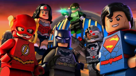 HD PC desktop wallpaper featuring Lego DC Comics Super Heroes from the movie Justice League: Cosmic Clash, showcasing Flash, Wonder Woman, Green Lantern, Batman, Cyborg, and Superman.