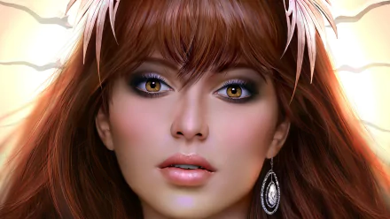 Close-up of a fantasy woman with striking amber eyes, red hair, and ornate earrings, designed as an HD PC desktop wallpaper background.