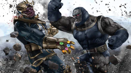HD desktop wallpaper featuring Darkseid from DC Comics battling Thanos from Marvel Comics in an epic crossover.