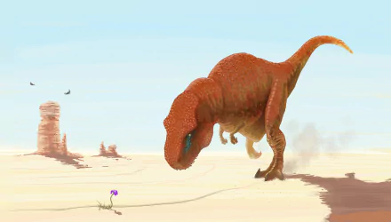 A Tyrannosaurus Rex stands in a desert, towering over a small purple flower. Two birds can be seen in the sky, with rock formations in the background. This is an HD desktop wallpaper and background.