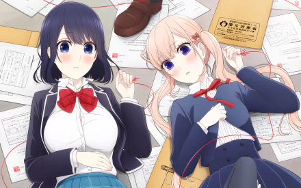 HD desktop wallpaper featuring Misaki Takasaki and Lilina Sanada from the anime Love and Lies. The characters are surrounded by documents and red strings, both dressed in school uniforms.