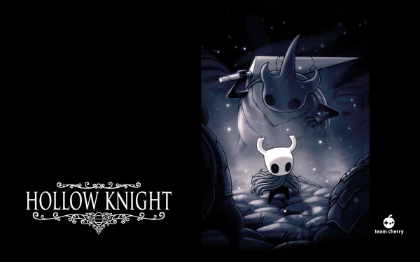 HD desktop wallpaper featuring the Hollow Knight character standing in a mystical, starry environment with game logo.