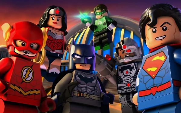 HD PC desktop wallpaper featuring Lego DC Comics Super Heroes from the movie Justice League: Cosmic Clash, showcasing Flash, Wonder Woman, Green Lantern, Batman, Cyborg, and Superman.