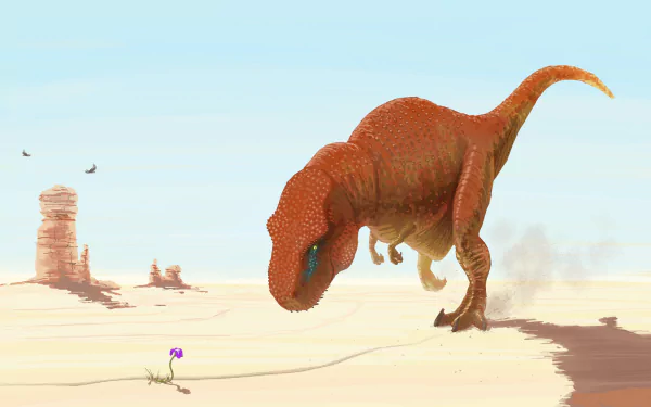 A Tyrannosaurus Rex stands in a desert, towering over a small purple flower. Two birds can be seen in the sky, with rock formations in the background. This is an HD desktop wallpaper and background.
