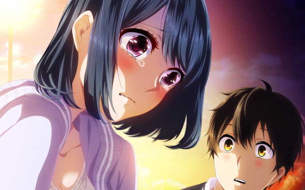 Anime Love and Lies Misaki Takasaki Koi to Uso Yukari Nejima Tears Blue Hair Purple Eyes Brown Hair Yellow Eyes HD Wallpaper | Background Image