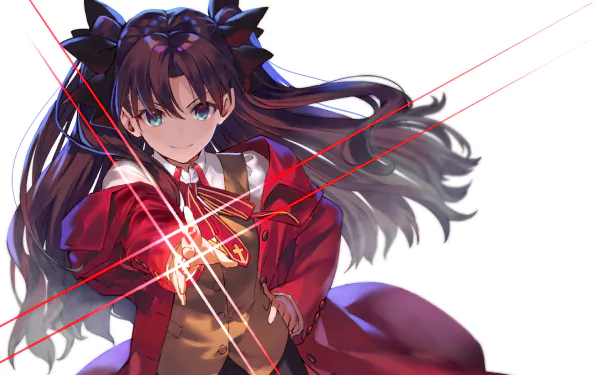 HD desktop wallpaper featuring a character from the anime Fate/Stay Night: Unlimited Blade Works with a confident pose, casting a spell with red energy lines.
