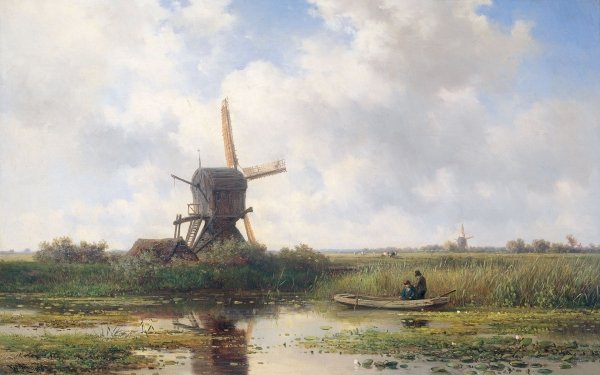 Artistic Painting Windmill Landscape Netherlands Fishing Boat HD Wallpaper | Background Image