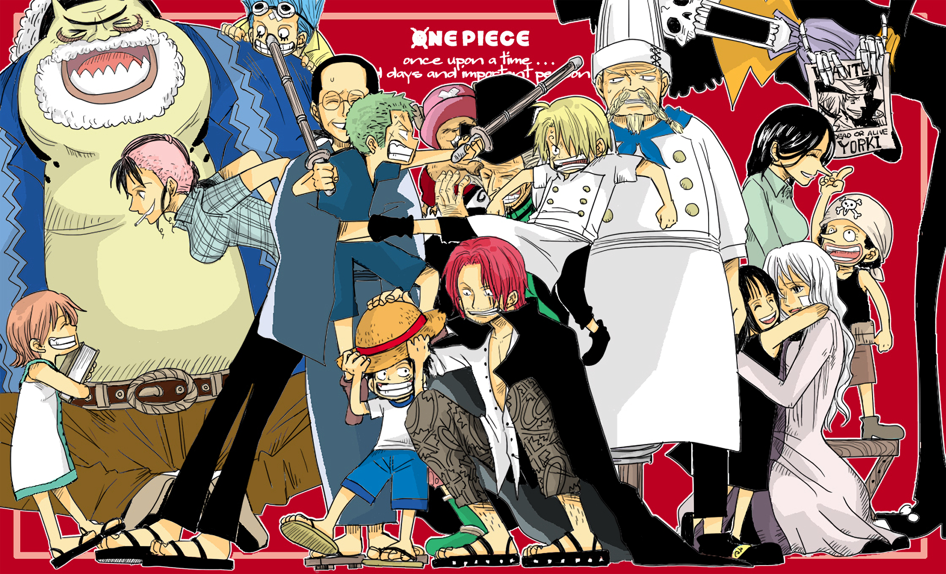 A vibrant HD wallpaper featuring characters Usopp, Roronoa Zoro, Nico Robin, Nami, Monkey D. Luffy, Franky, and Brook from the anime One Piece, set against a red background.