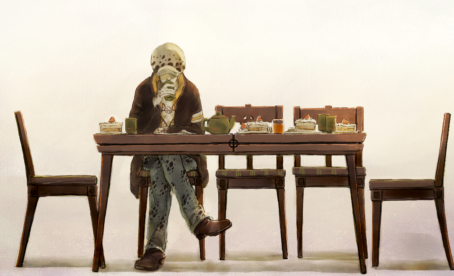 HD desktop wallpaper featuring Trafalgar Law from the anime One Piece, seated at a table with food and teapot, surrounded by empty chairs.