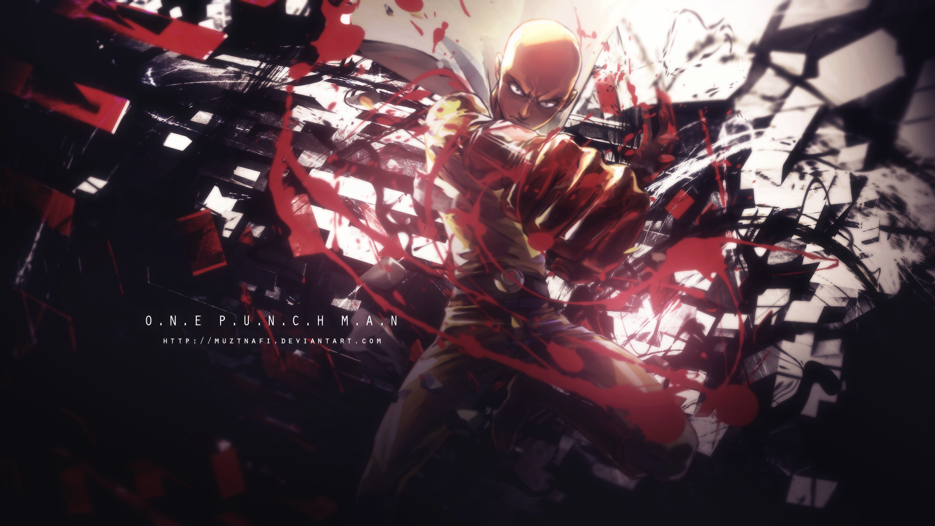 HD desktop wallpaper of Saitama from the anime One-Punch Man, featuring a dynamic and intense action scene with bold red and black contrasts.