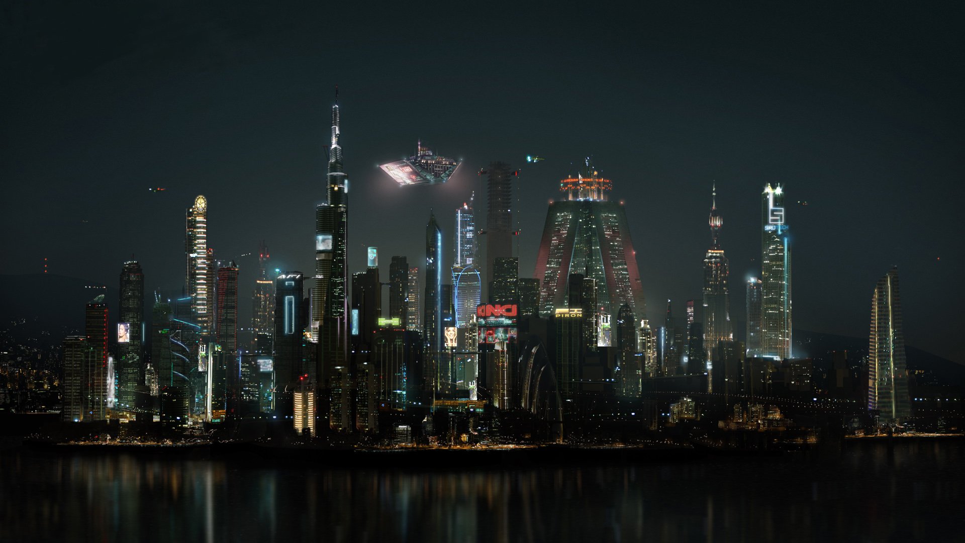 Download Skyscraper Spaceship Light Night Sci Fi City Continuum TV Show Sci Fi City HD Wallpaper