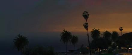 HD PC desktop wallpaper featuring a sunset scene with palm trees from the video game Grand Theft Auto V.