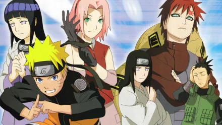 HD desktop wallpaper featuring Naruto Uzumaki, Shikamaru Nara, Neji Hyūga, Hinata Hyuga, Sakura Haruno, and additional characters from the anime series Naruto.