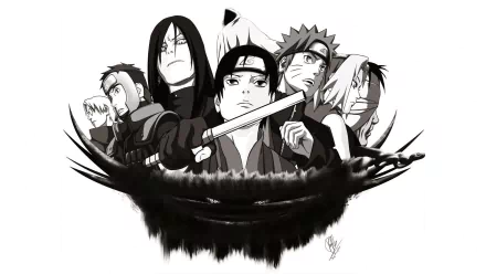 Black and white HD desktop wallpaper featuring characters from Naruto: Kabuto Yakushi, Orochimaru, Sakura Haruno, Naruto Uzumaki, and Yamato, preparing for combat.