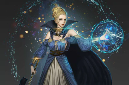 HD desktop wallpaper of a sorceress in a blue dress wielding magic and a sword, with glowing blue magical effects surrounding her in a fantasy setting.