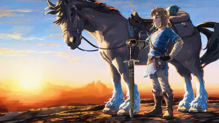 HD desktop wallpaper featuring Link from The Legend of Zelda: Breath of the Wild standing beside his horse with a scenic sunset in the background.