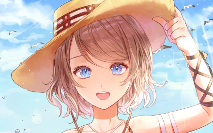 HD PC wallpaper featuring You Watanabe from Love Live! Sunshine!!, smiling against a bright blue sky while holding her wide-brimmed straw hat.