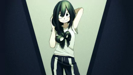 HD desktop wallpaper featuring Tsuyu Asui from the anime My Hero Academia. Tsuyu stands confidently with a frog-like appearance, wearing casual clothing against a smoothly shaded background.