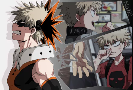 HD desktop wallpaper featuring Katsuki Bakugou from My Hero Academia. The image shows various dynamic poses of the anime character, capturing his fierce and determined expressions.