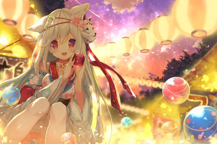 A vibrant HD anime desktop wallpaper features an original character with cat ears and a kimono, set against a background of glowing lanterns and colorful orbs.
