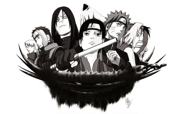 Black and white HD desktop wallpaper featuring characters from Naruto: Kabuto Yakushi, Orochimaru, Sakura Haruno, Naruto Uzumaki, and Yamato, preparing for combat.