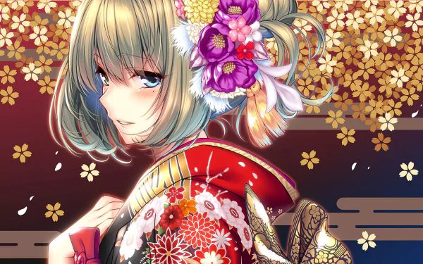 HD PC desktop wallpaper featuring Kaede Takagaki from The iDOLM@STER Cinderella Girls, adorned in a detailed, floral-patterned kimono with vibrant blossoms and gold accents.
