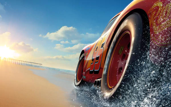 HD desktop wallpaper featuring Lightning McQueen from Pixar's Cars 3, speeding along a beach with splashing water and a beautiful sunset in the background.