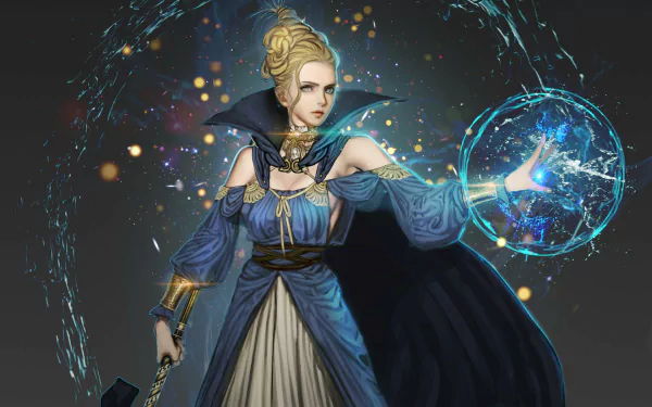 HD desktop wallpaper of a sorceress in a blue dress wielding magic and a sword, with glowing blue magical effects surrounding her in a fantasy setting.