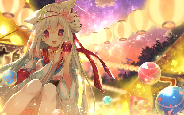 A vibrant HD anime desktop wallpaper features an original character with cat ears and a kimono, set against a background of glowing lanterns and colorful orbs.