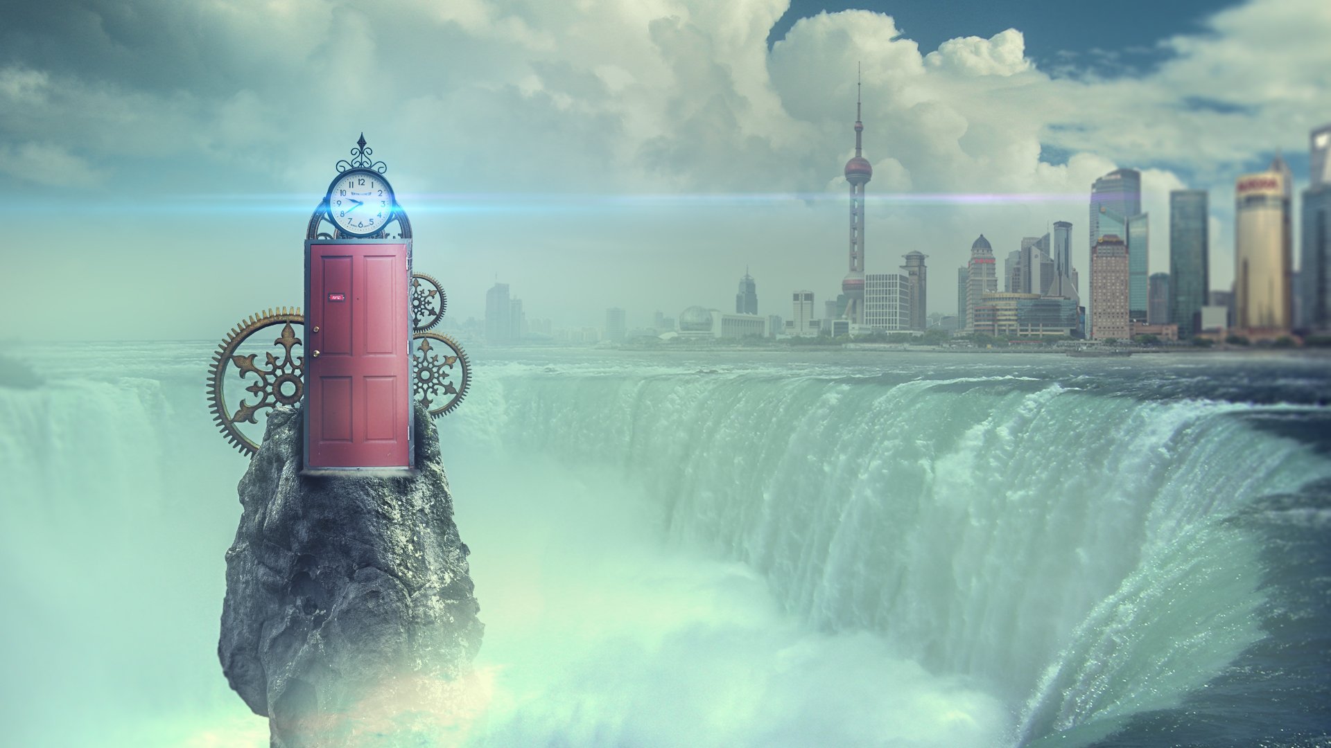 A surreal sci-fi cityscape featuring a giant clock with gears integrated into a red door perched on a rocky cliff beside a massive waterfall, blending fantasy and futuristic art.
