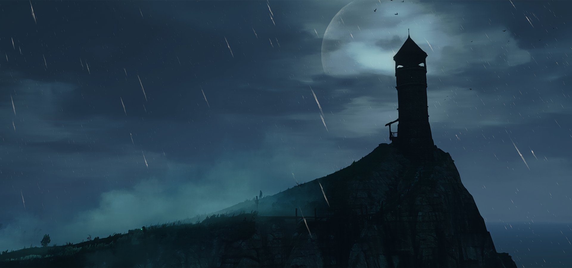Night scene from The Witcher 3: Wild Hunt featuring a lighthouse on a cliff under rain and a glowing moon, captured as an HD PC desktop wallpaper.