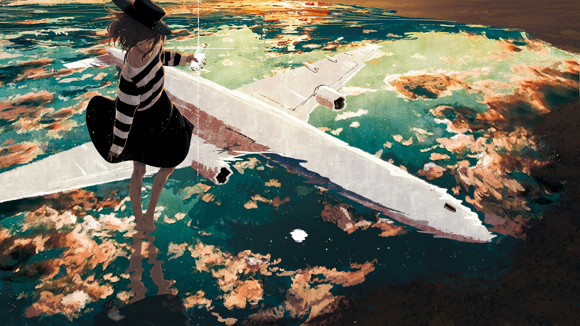 A stunning HD desktop wallpaper featuring an original anime artwork of a person standing on water with a floating airplane, set against a vibrant and surreal sky.