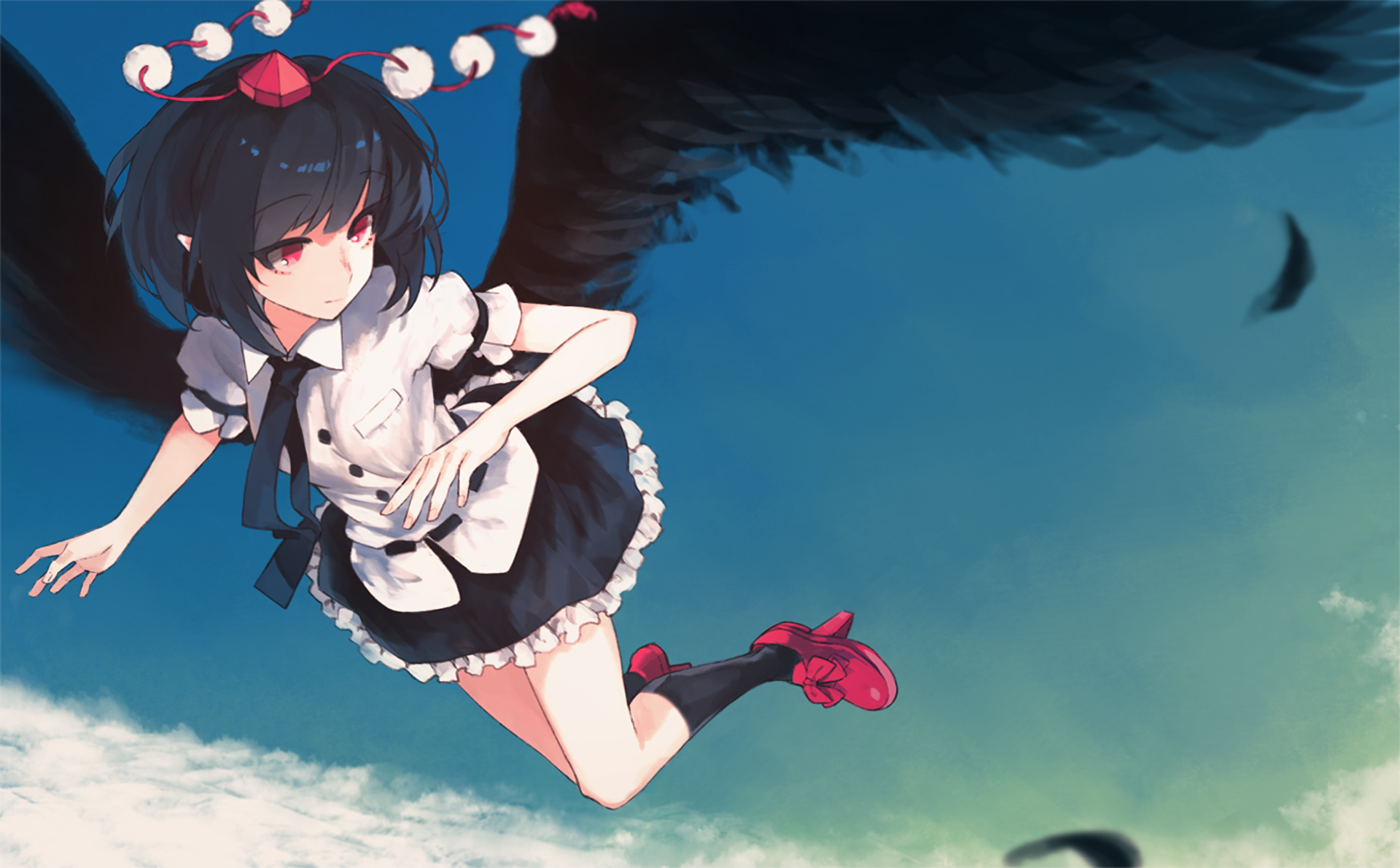 HD PC desktop wallpaper featuring Aya Shameimaru from the anime Touhou, showing her in mid-flight against a sky backdrop with dynamic shading and floating feathers.