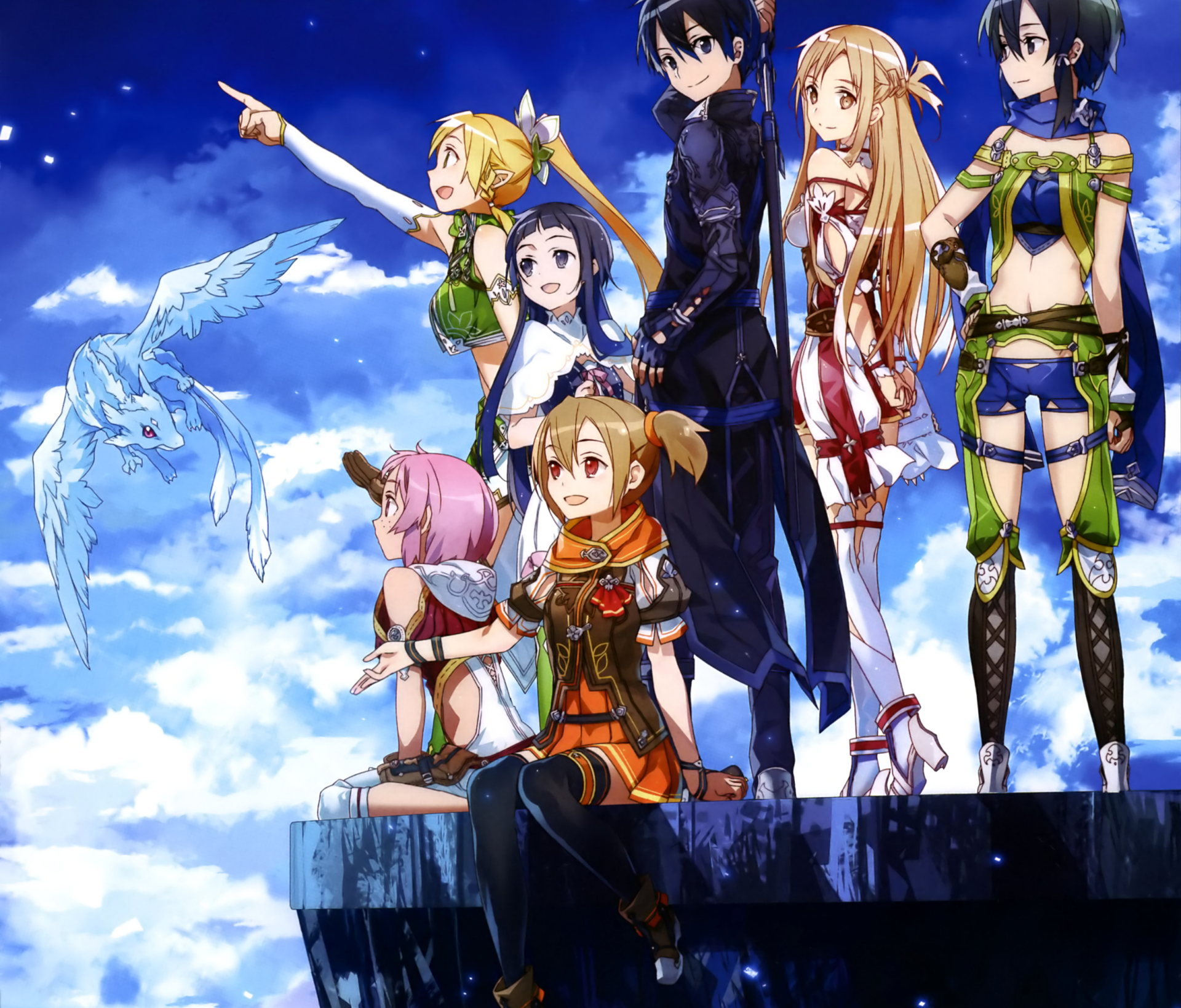 HD desktop wallpaper featuring key Sword Art Online characters including Kirito, Asuna, Leafa, Lisbeth, Silica, Yui, and Pina against a bright sky background.