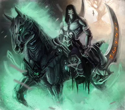 HD desktop wallpaper featuring a Darksiders video game warrior on a menacing horse, wielding a glowing scythe against a mystical, smoky backdrop.
