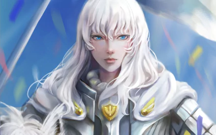 HD desktop wallpaper featuring Griffith from the anime Berserk, showcasing his silver hair, blue eyes, and ornate armor, set against a vibrant background with floating colorful elements.