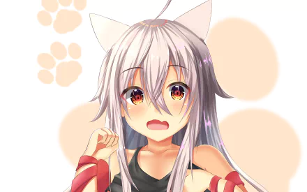 HD PC desktop wallpaper of Urara Meirochō anime: silver-haired cat-eared girl with wide amber-red eyes and surprised expression, reaching forward against soft peach paw-print background.