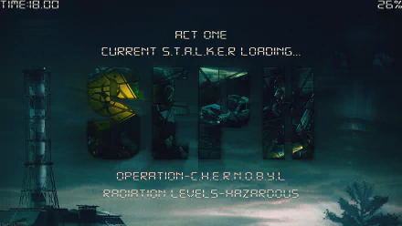 HD desktop wallpaper of the video game S.T.A.L.K.E.R.: Call of Pripyat, featuring a foreboding atmosphere with the text “Act One: Current S.T.A.L.K.E.R Loading... Operation C.H.E.R.N.O.B.Y.L and Radiation Levels: Hazardous.