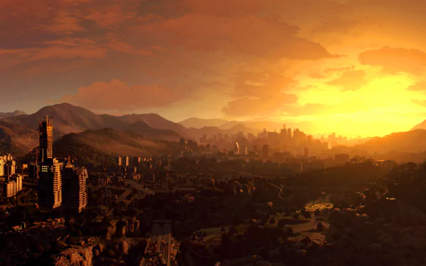 HD desktop wallpaper of Harran city at sunset from the video game Dying Light, showcasing a dramatic orange sky over the urban landscape.