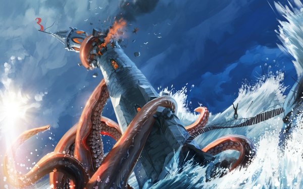 Fantasy Sea Monster Lighthouse Kraken HD Wallpaper | Background Image