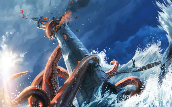 A dramatic scene featuring a kraken emerging from turbulent seas, wrapped around a lighthouse, set against a fantasy backdrop, creating a striking HD wallpaper.
