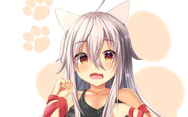 HD PC desktop wallpaper of Urara Meirochō anime: silver-haired cat-eared girl with wide amber-red eyes and surprised expression, reaching forward against soft peach paw-print background.
