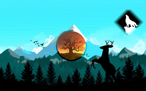 4K Ultra HD Polyscape wallpaper inspired by the video game Firewatch, featuring a silhouetted deer, pine forest, birds, and a mountain backdrop with a stylized glowing sun.