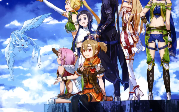 HD desktop wallpaper featuring key Sword Art Online characters including Kirito, Asuna, Leafa, Lisbeth, Silica, Yui, and Pina against a bright sky background.