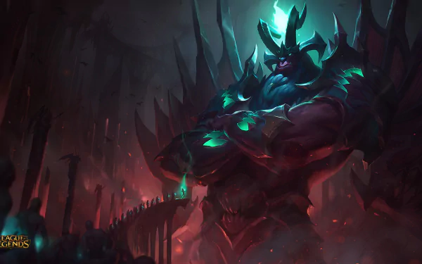 HD PC desktop wallpaper featuring Galio from the video game League of Legends, showcasing a dark, mystical atmosphere with glowing teal accents.