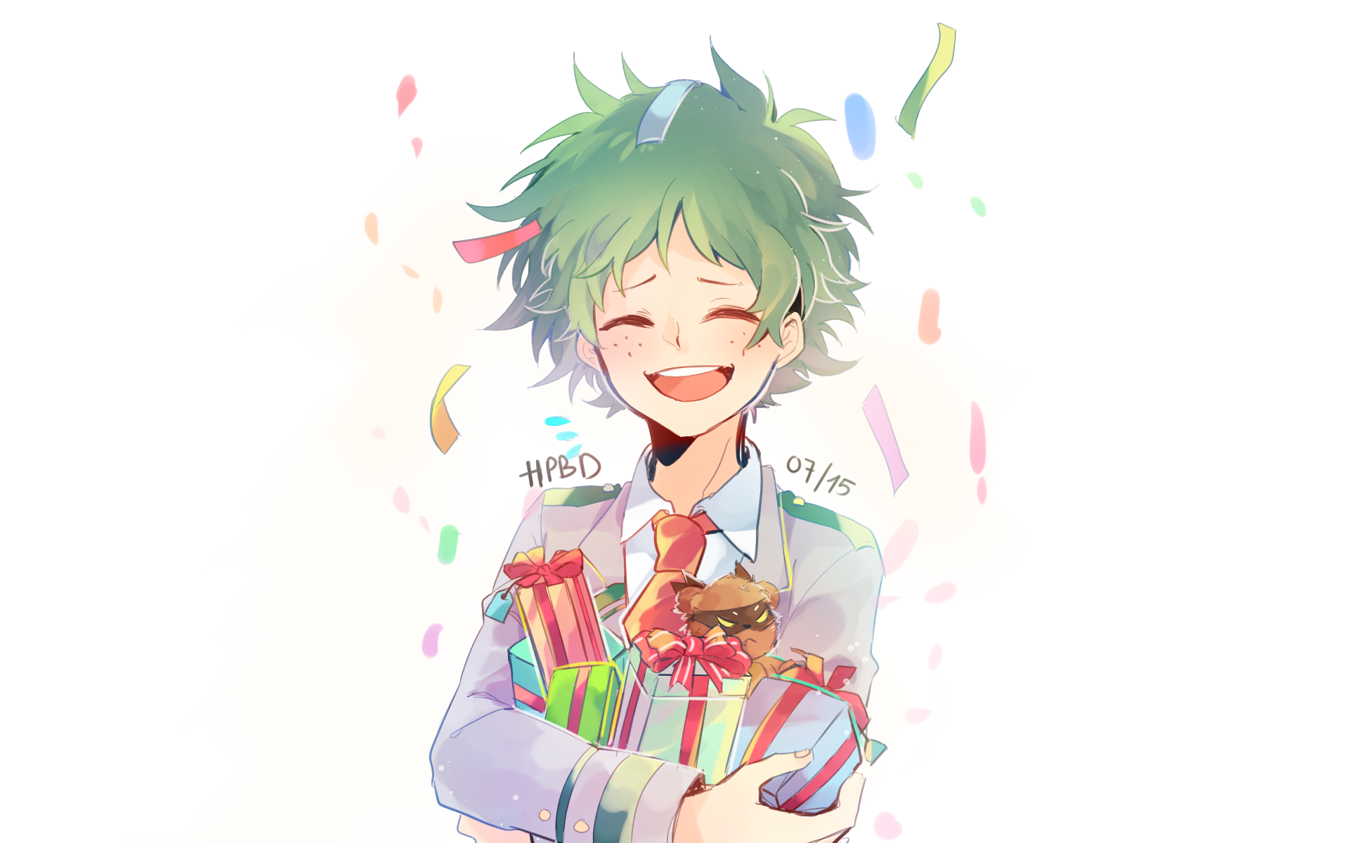 HD anime desktop wallpaper featuring a joyful My Hero Academia character with green hair, holding colorful birthday gifts surrounded by confetti.